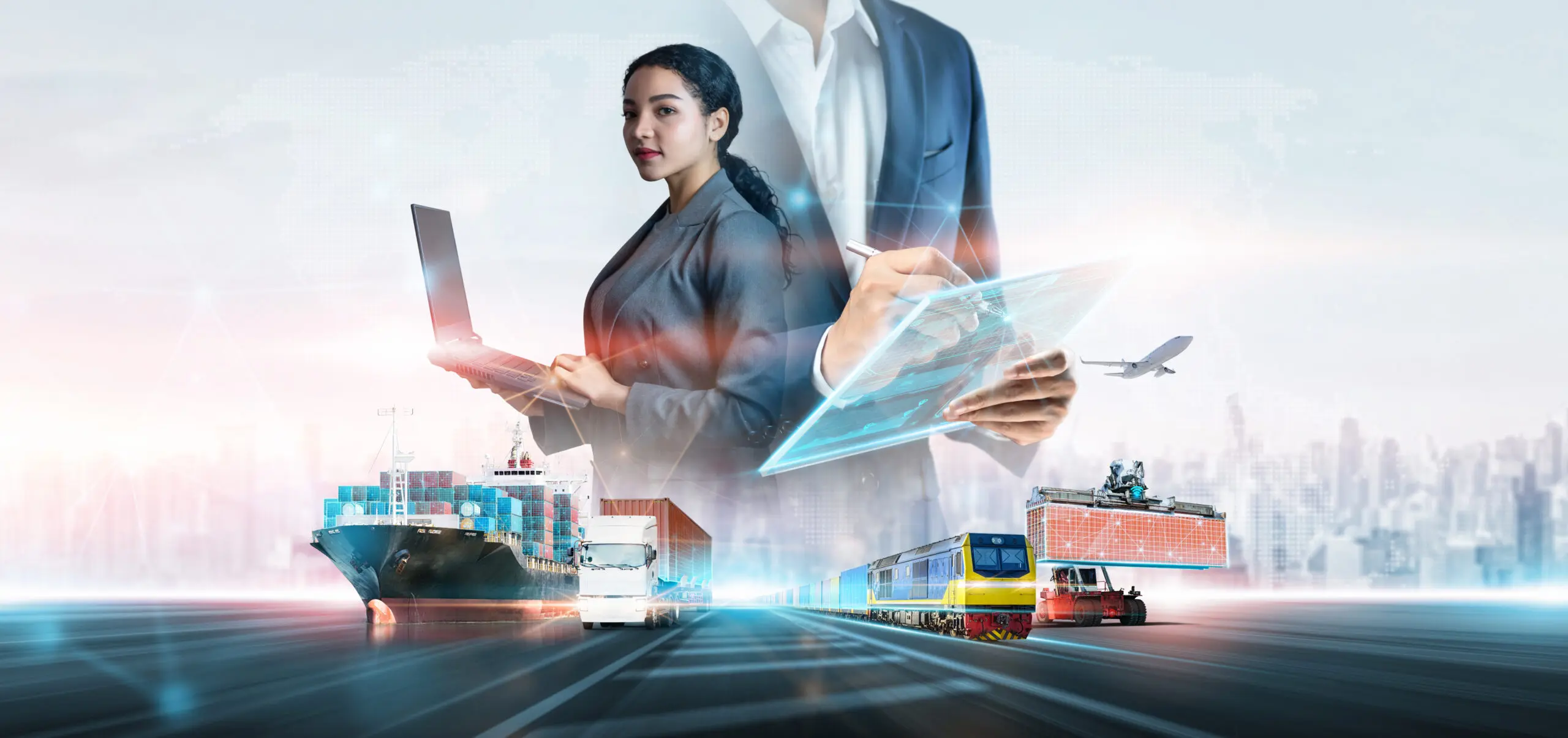 Business and technology digital future of cargo containers logistics transportation import export concept, Engineer using laptop online tracking control delivery distribution on world map background